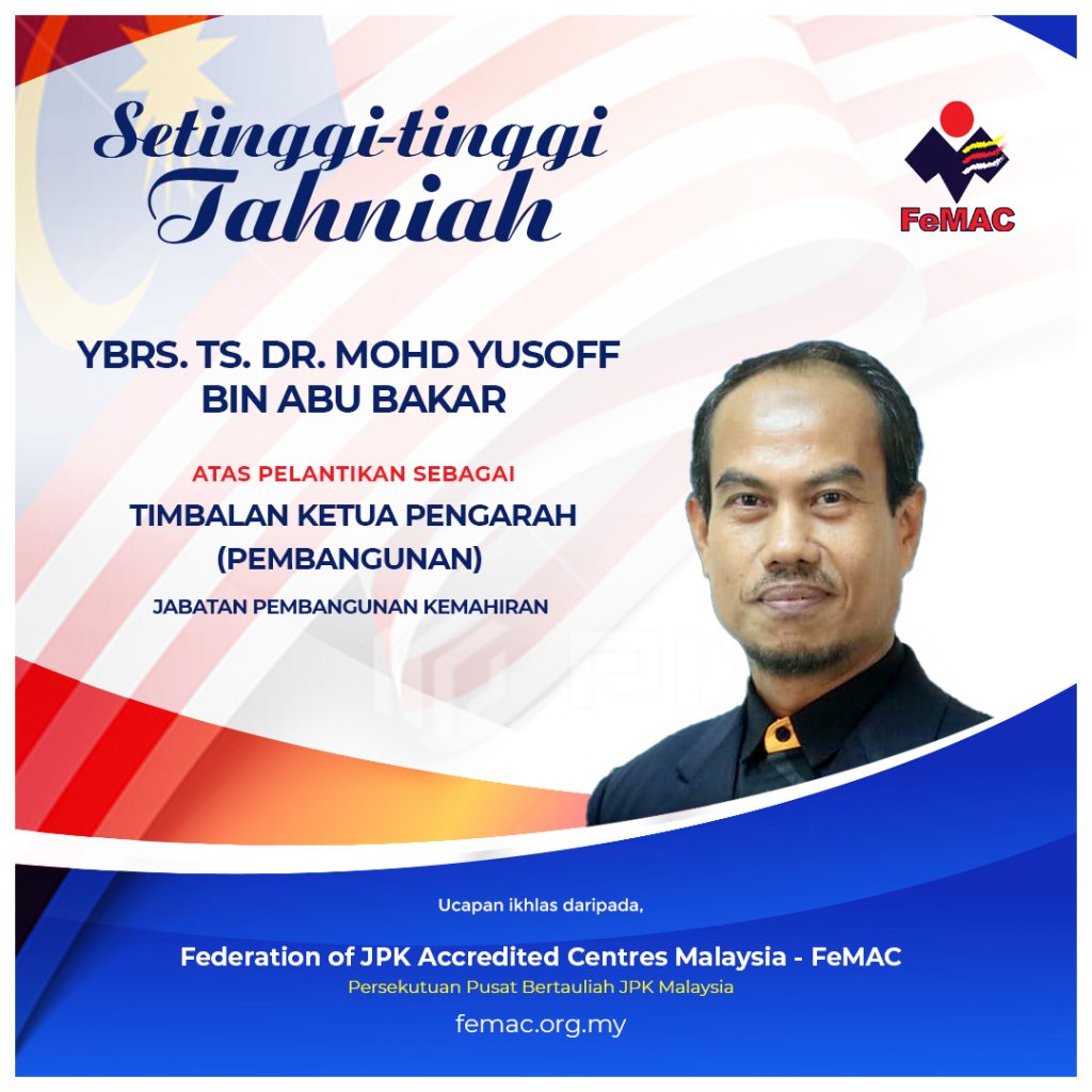 Sekalung Tahniah Kepada YBrs. Ts. Dr. Mohd Yusoff bin Abu Bakar di atas pelantikan Timbalan Ketua Pengarah (Pembangunan) Jabatan Pembangunan Kemahiran